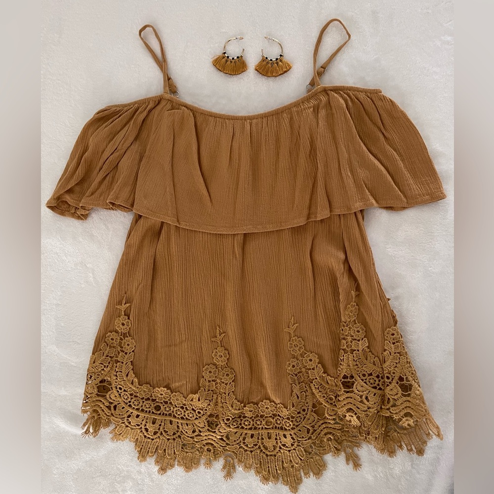 Embroidered trim off shoulder top